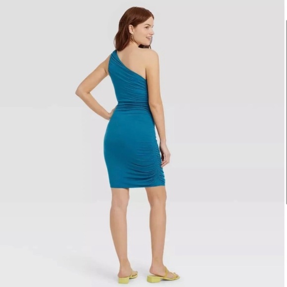 A New Day Ruched Knit One Shoulder Teal Mini Dress - Picture 2 of 4